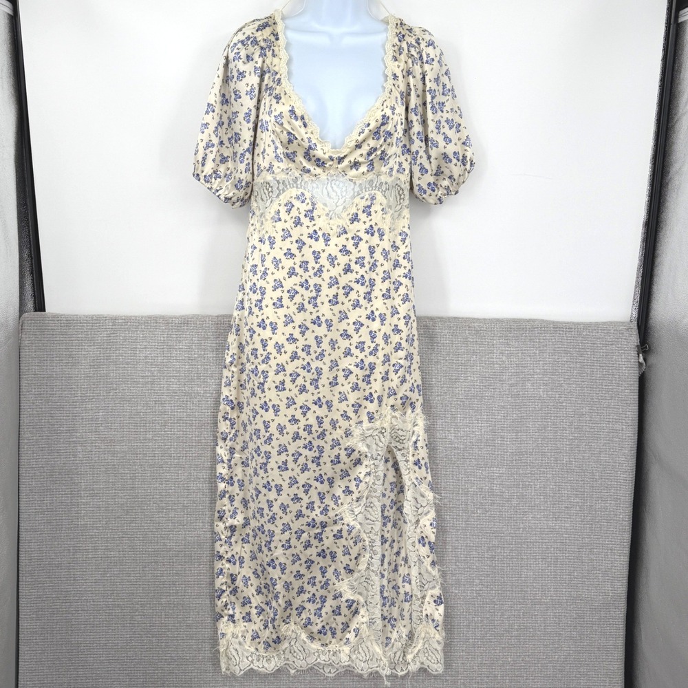 Urban Outfitters Floral Lace Trim Midi Dress Women S Blue Cream Cottage Coquette